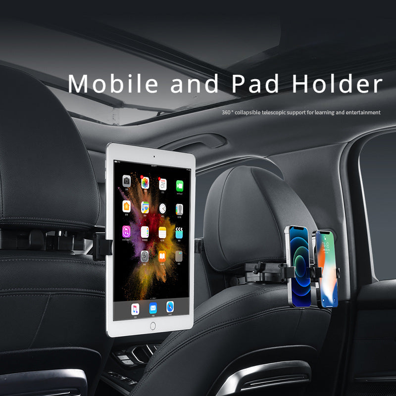 Car headrest with mobile and tablet holder for backseat passengers 